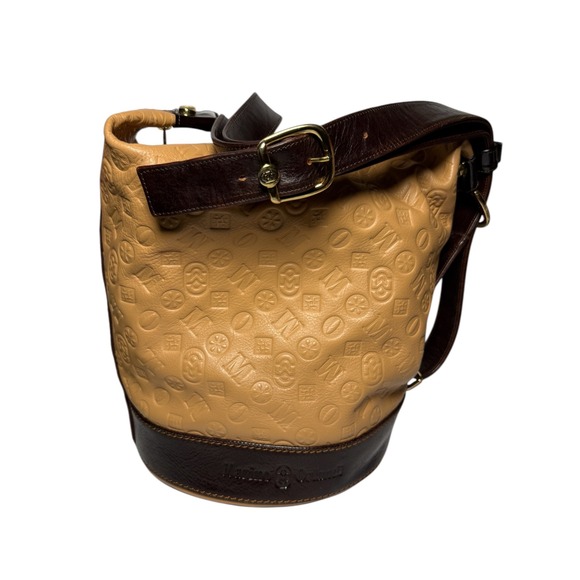 Marino Orlandi Handbags - MARINO ORLANDI Vintage Italian Leather Bucket Bag Tan Embossed Monogram Y2K
